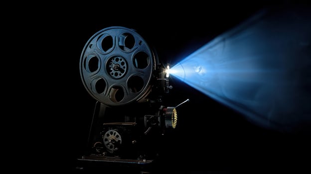 Vintage film projector shining bright light beam on dark background photo
