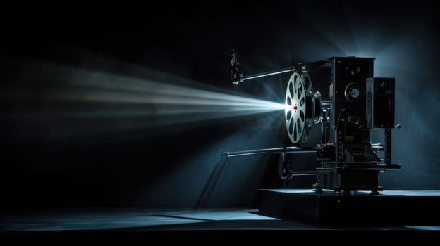 Vintage film projector shining bright light beam through cinema technology photo