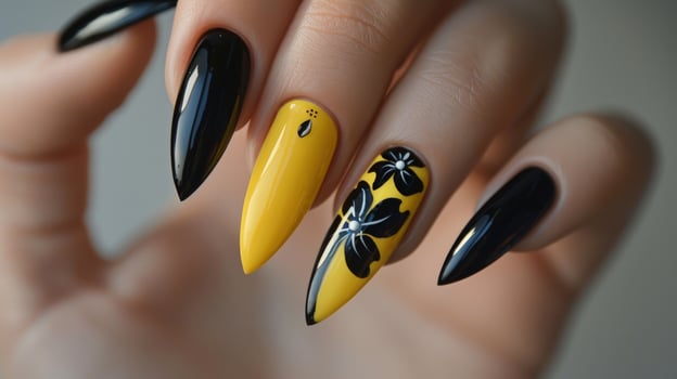 Stylish black and yellow flower nail art manicure design photo