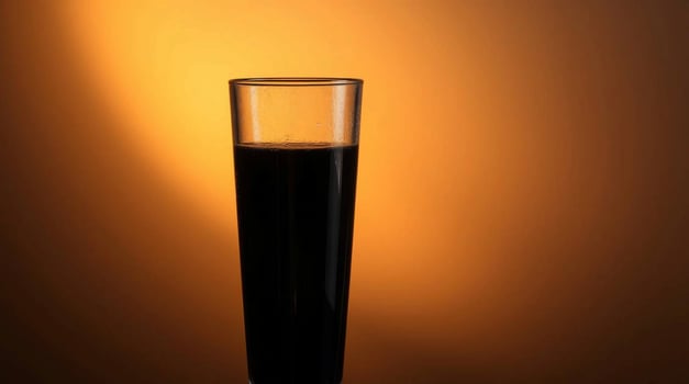 A tall glass of dark liquid sitting on a table photo