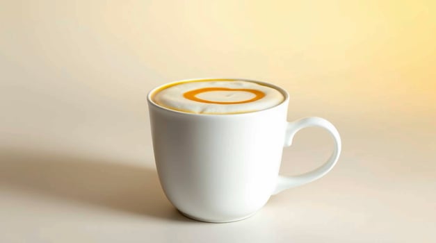 A white cup with a yellow swirl in the middle photo