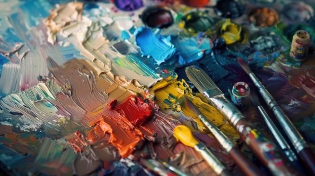 Palette of vibrant oil paints and brushes for creative art projects photo