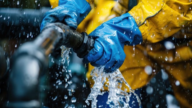 Leaking pipe repair plumber hands in gloves close up photo