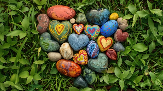 Heart shaped pebbles on green grass background nature photo