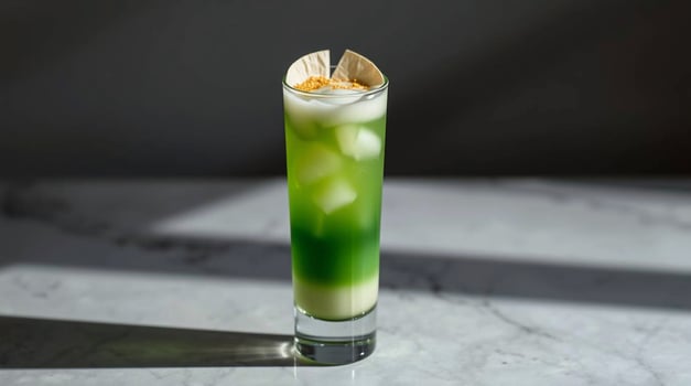 Refreshing Green Layered Cocktail in Tall Glass Ice Garnish and Marble Surface Beverages photo