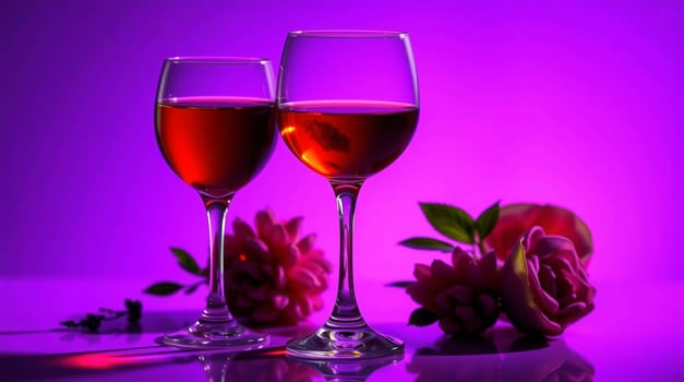 Two glasses of wine with roses on a purple background photo