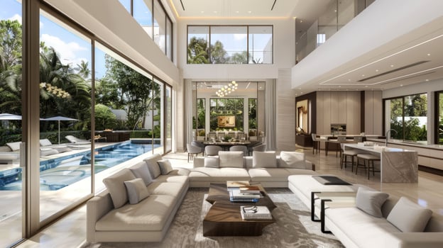 Bright open concept living room with swimming pool view home interior design photo