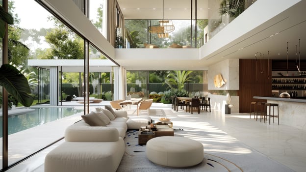 Modern living room interior with pool view sunlight home architecture photo