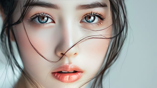 Close up portrait of young woman with clear skin and striking eyes expressing beauty and calmness photo