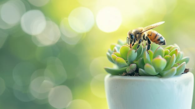 Bee pollinating succulent plant in garden setting close up macro photo