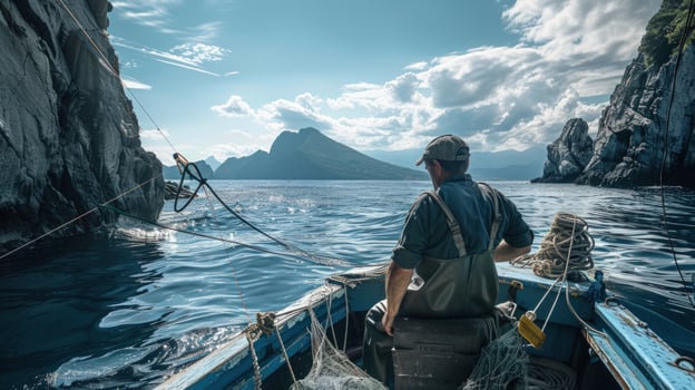Fisherman ride on boat in sea scenic landscape with cliffs and mountain photo
