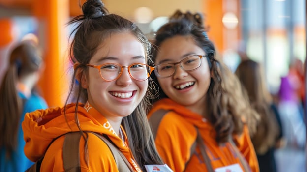 Smiling women in hoodies communicate together photo