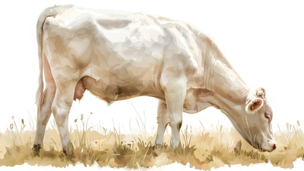Light color cow grazing in watercolor style field photo