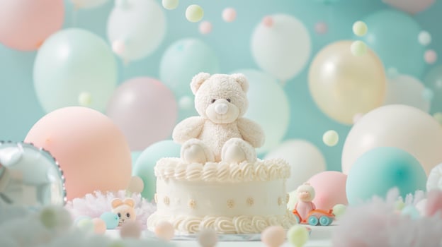 Teddy bear on cake with balloons and confetti celebration background photo