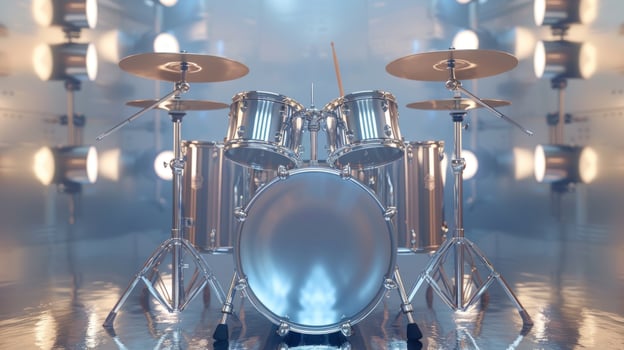 Drum set in bright studio lighting ready for rock concert or music performance photo