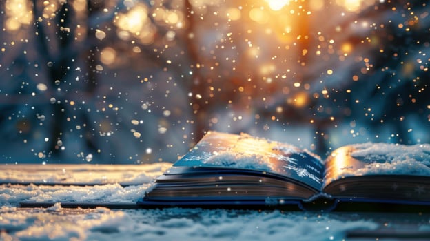 Open book in winter snow scene with bokeh sunlight background photo