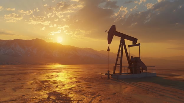 Oil pumpjack at sunrise sunset energy production in arid landscape photo