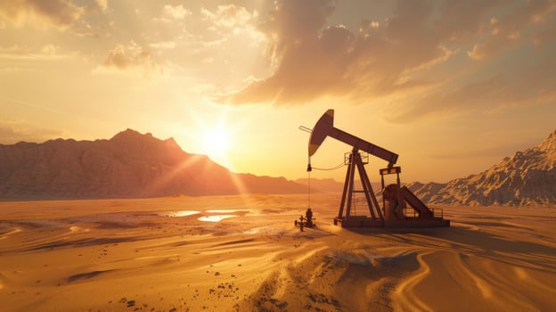 Oil pump in desert landscape at sunset energy and resource extraction photo