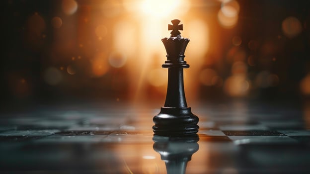 Chess king piece on reflective board concept photo