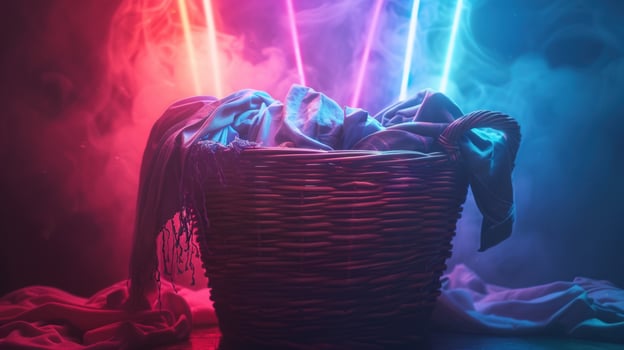 Laundry basket with clothes in vivid neon lighting photo