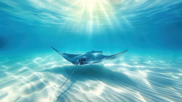 Stingray gracefully swimming in clear turquoise ocean water sunlight seabed photo