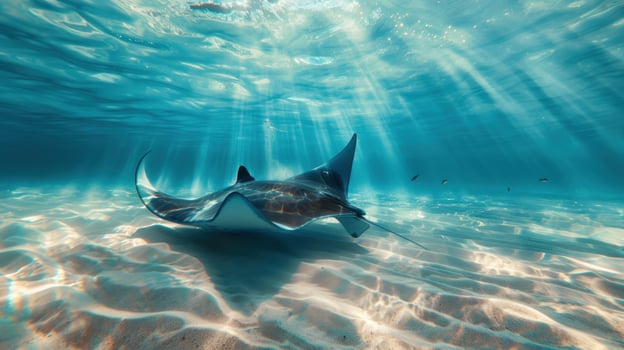 Stingray swimming gracefully underwater with sun rays illuminating sandy seabed marine wildlife photo