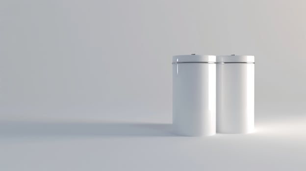 Two white lidded metal container studio still life product mockup design photo