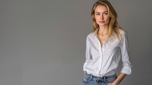 Blonde woman portrait in white shirt and jeans on grey backdrop photo