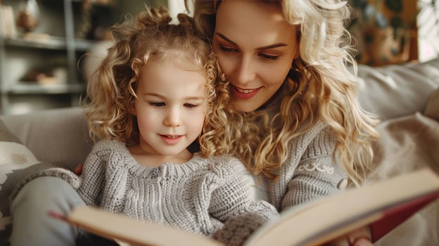 Mother and child share intimate reading moment in cozy home environment photo