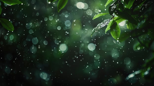 Nature scene with water droplets on green foliage photo