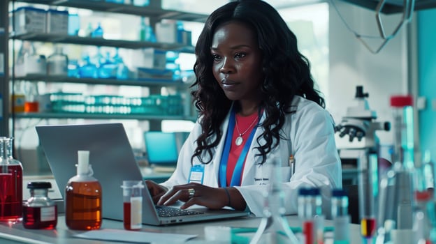 Scientist using laptop in lab for medical research and scientific study photo