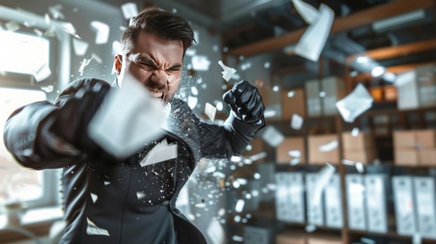 Man expressing anger in office environment by punching through flying pieces of paper photo