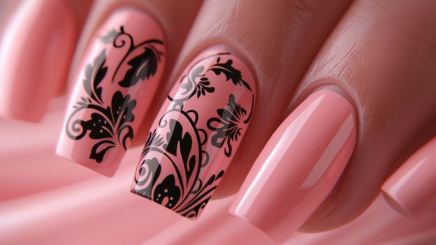 Elegant nail art design with floral pattern on peach polish macro detail photo