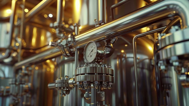 Steel industrial equipment featuring pressure gauge and pipes photo