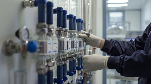 Industrial control system featuring precision valves and a skilled technician photo