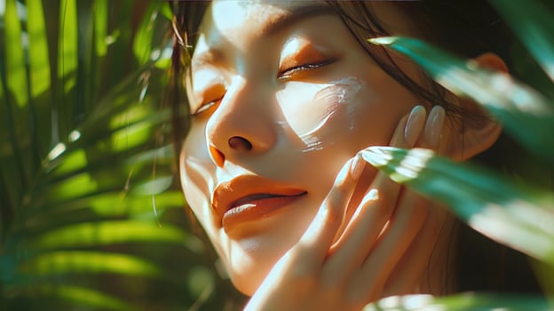 Woman with glowing skin surrounded by tropical greenery in natural sunlight photo