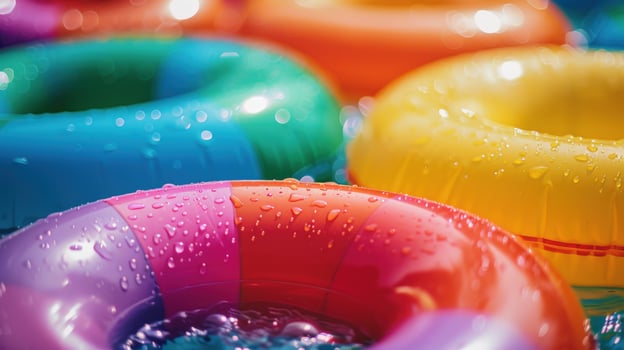 Colorful inflatable swim rings floating on water summer fun recreation photo