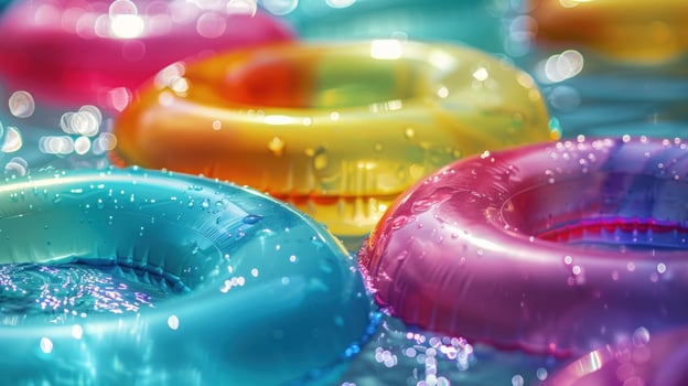 Colorful inflatable floats in sparkling water vacation and summer fun photo