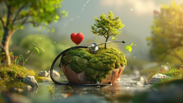 Environmental health concept with stethoscope heart and plant life photo