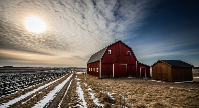 Red barn and wooden shed sit beside a snow dusted field under a cloudy sky photo