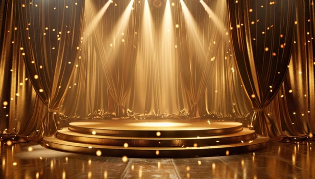 Golden stage with dramatic lighting for event or product presentation photo
