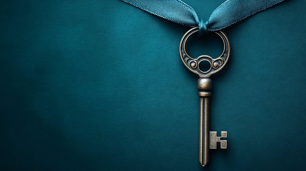 Antique key tied with teal ribbon on dark teal background. photo