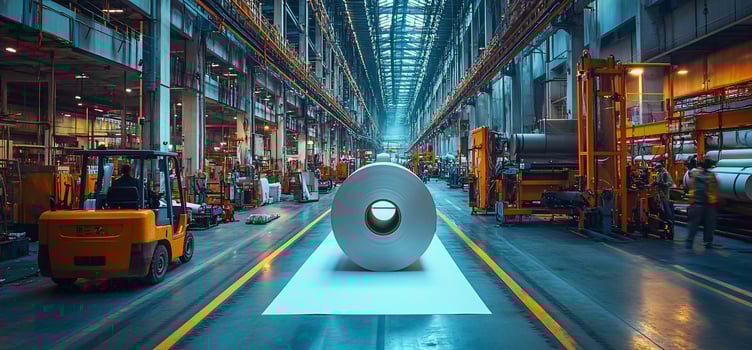 Large metal roll in a factory, industrial production line. photo
