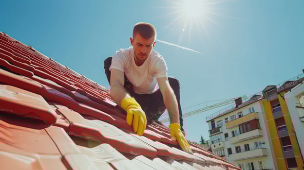 Roofer worker repairing red tiled roof construction under blue sky photo