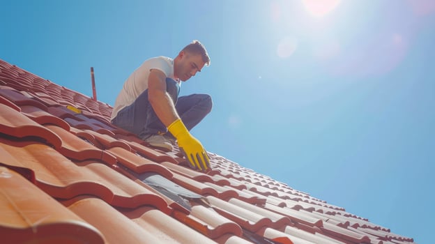 Roof repair technician inspecting red tile rooftop under clear blue sky photo