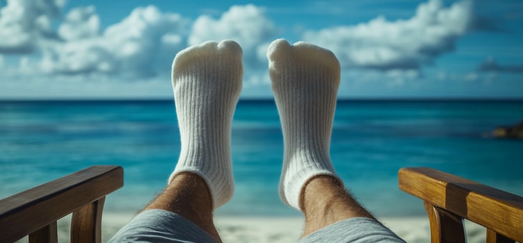 Relaxed feet in white socks on beach chair overlooking ocean. photo