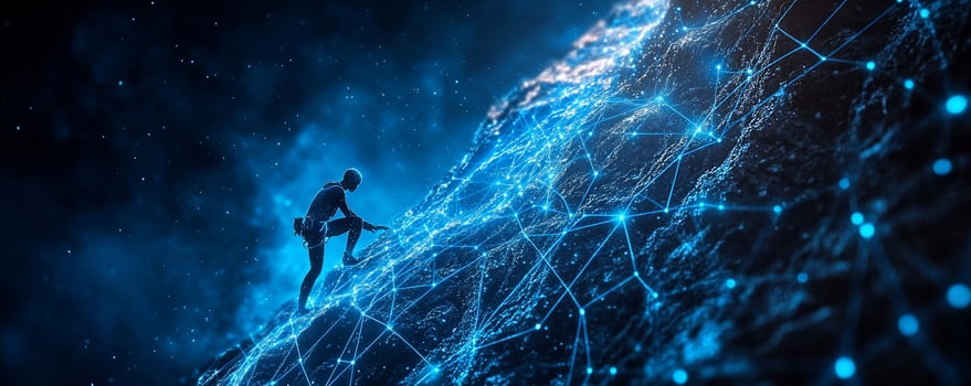 Silhouette of person climbing a digital mountain. photo