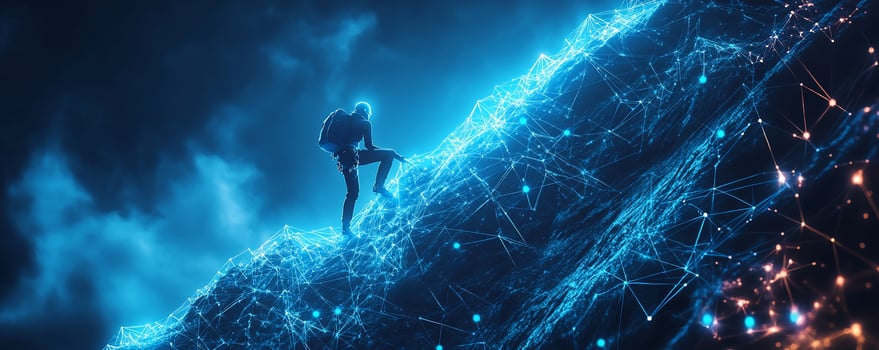 Person climbing a glowing, digital mountain. photo
