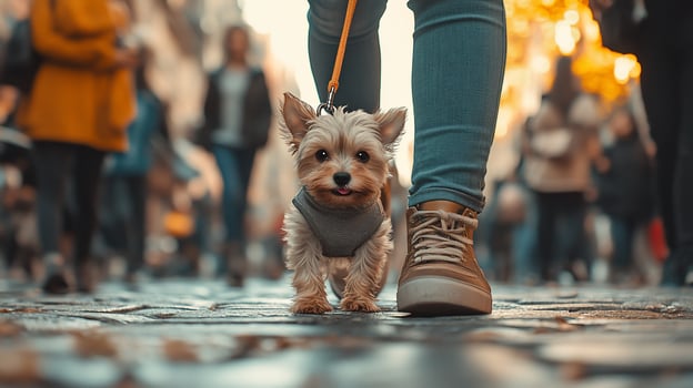 Small dog on leash walks city street. photo