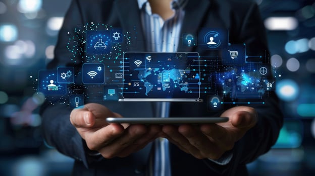 Digital tablet interface with global network icons for modern business photo